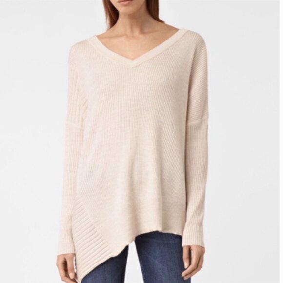 AllSaints Keld V-Neck Merino Wool Ribbed Sweater Color Almond  Marl Sz S - Picture 1 of 12